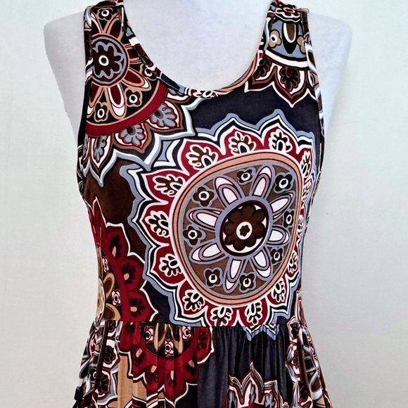 Geometric Print Dress Size MED Sleeveless Tank Midi  Stretchy Shift Longyuan NWT - Picture 3 of 13